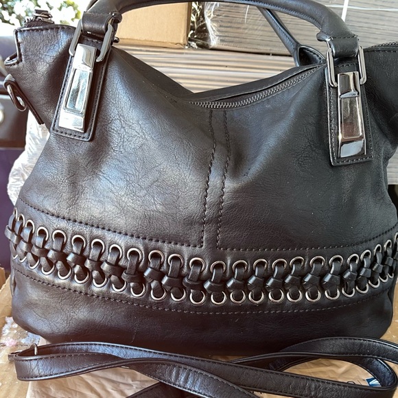 Braided Corset-Style Black Leather Red Interior Handbag Gunmetal Hardware (EUC) - Picture 1 of 8